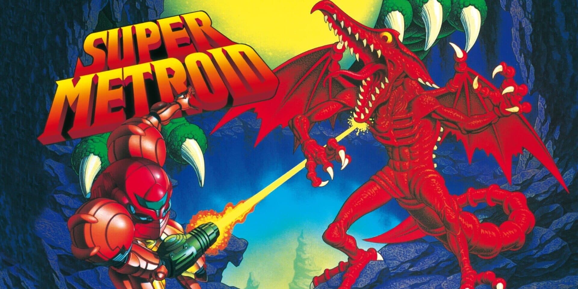 Super Metroid box art: Samus Aran firing on Ridley